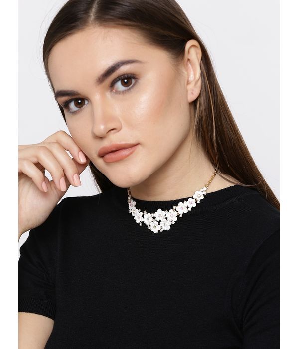 Youbella White Gold-Plated Floral Stone-Studded Necklace